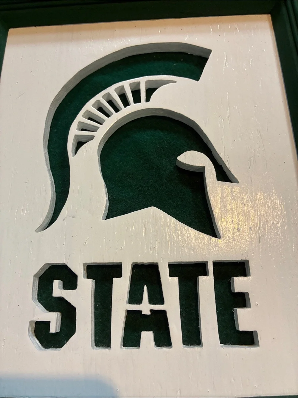 Michigan State University Spartan Helmet wood and felt Framed Wall Accent